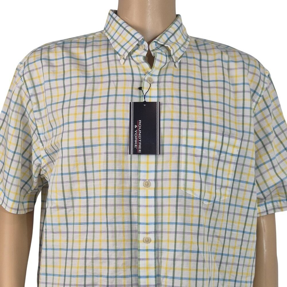Roundtree Yorke Men's Shirt Size XL Plaid Short Sleeve Linen Blend White (52)